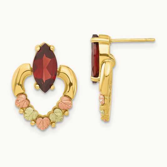 Black Hills Gold Leaf Heart Garnet Dangle Earrings