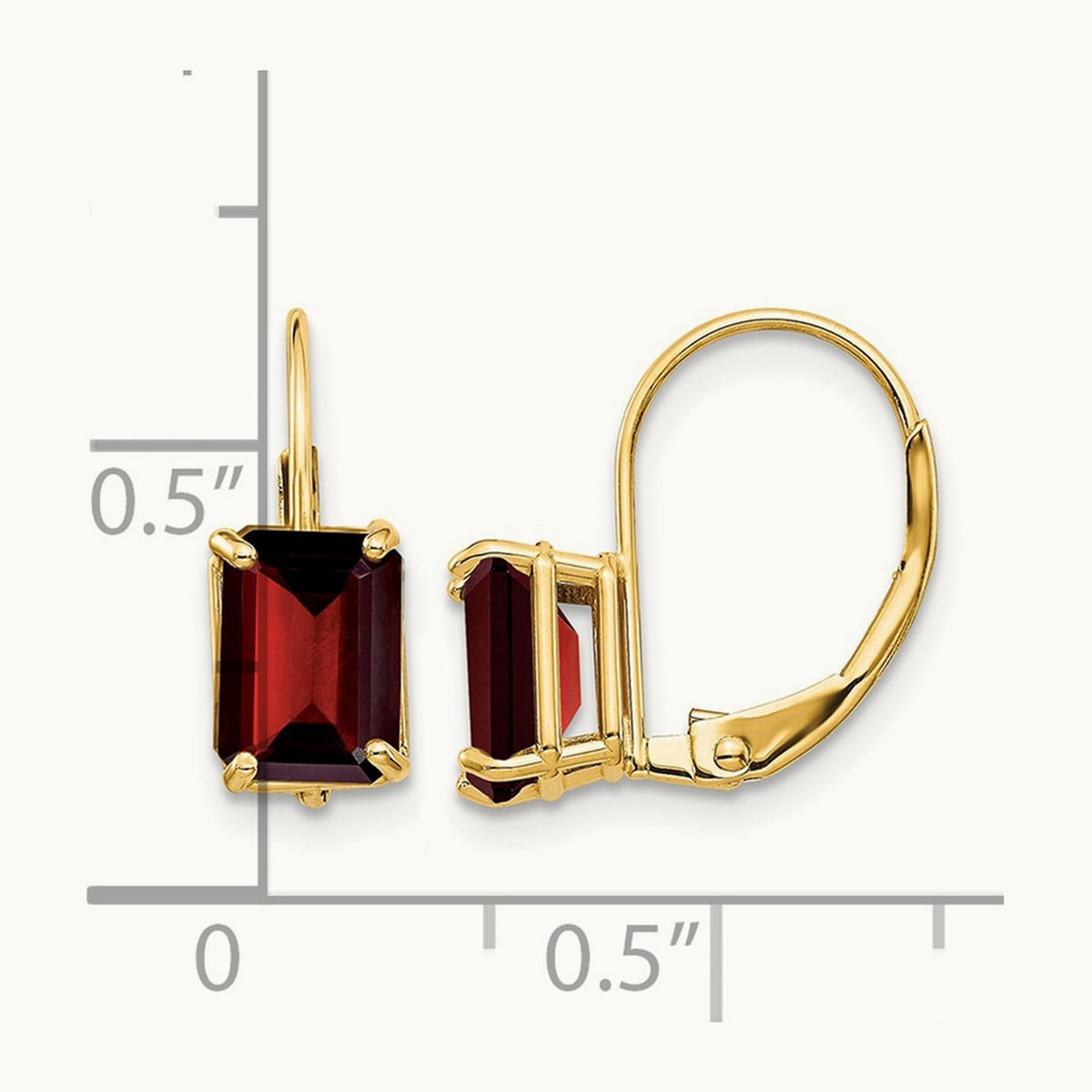 7x5mm Emerald Cut Garnet Leverback Earrings, 14K