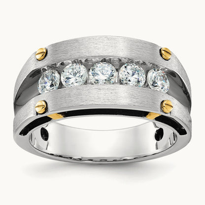 14ktt w/ Blk RH IBGoodman Men's Satin/Grooved 5-Stone Diamond Ring