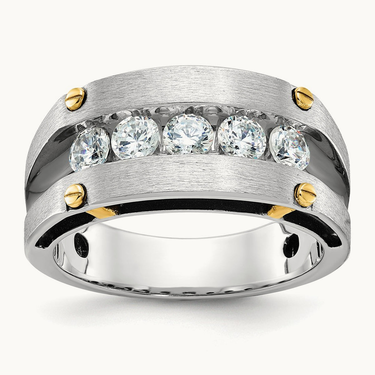 14ktt w/ Blk RH IBGoodman Men's Satin/Grooved 5-Stone Diamond Ring
