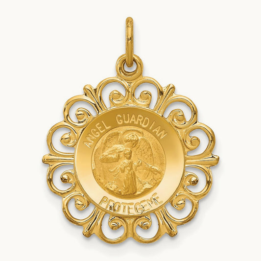 Polished/Satin Spanish Guardian Angel Medal Hollow Pendant, 14K