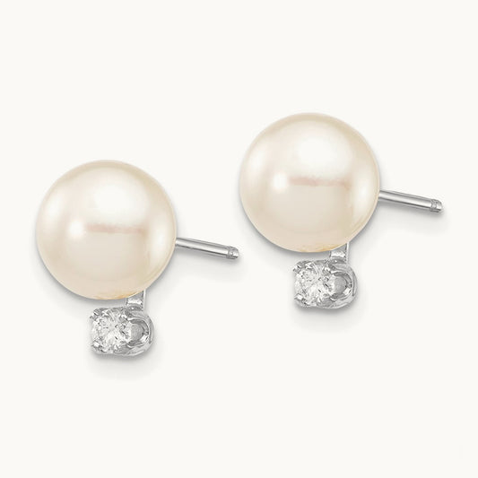 7- Round White Saltwater Akoya .10ct. Diamond Earrings, 8mm, 14K White Gold