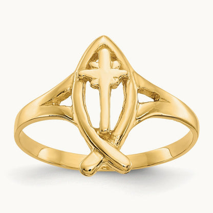 Ichthus w/Cross Ring, 14K