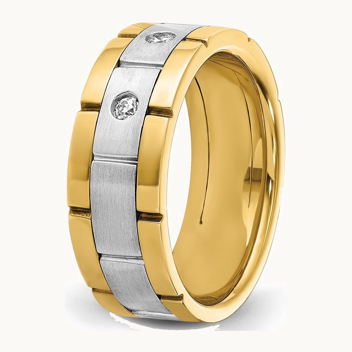 IBGoodman 14K Two-tone Men's Polished Satin and Grooved 3-Stone 1/6 Carat AA Quality Diamond Ring