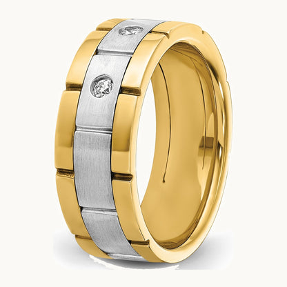 IBGoodman 14K Two-tone Men's Polished Satin and Grooved 3-Stone 1/6 Carat AA Quality Diamond Ring