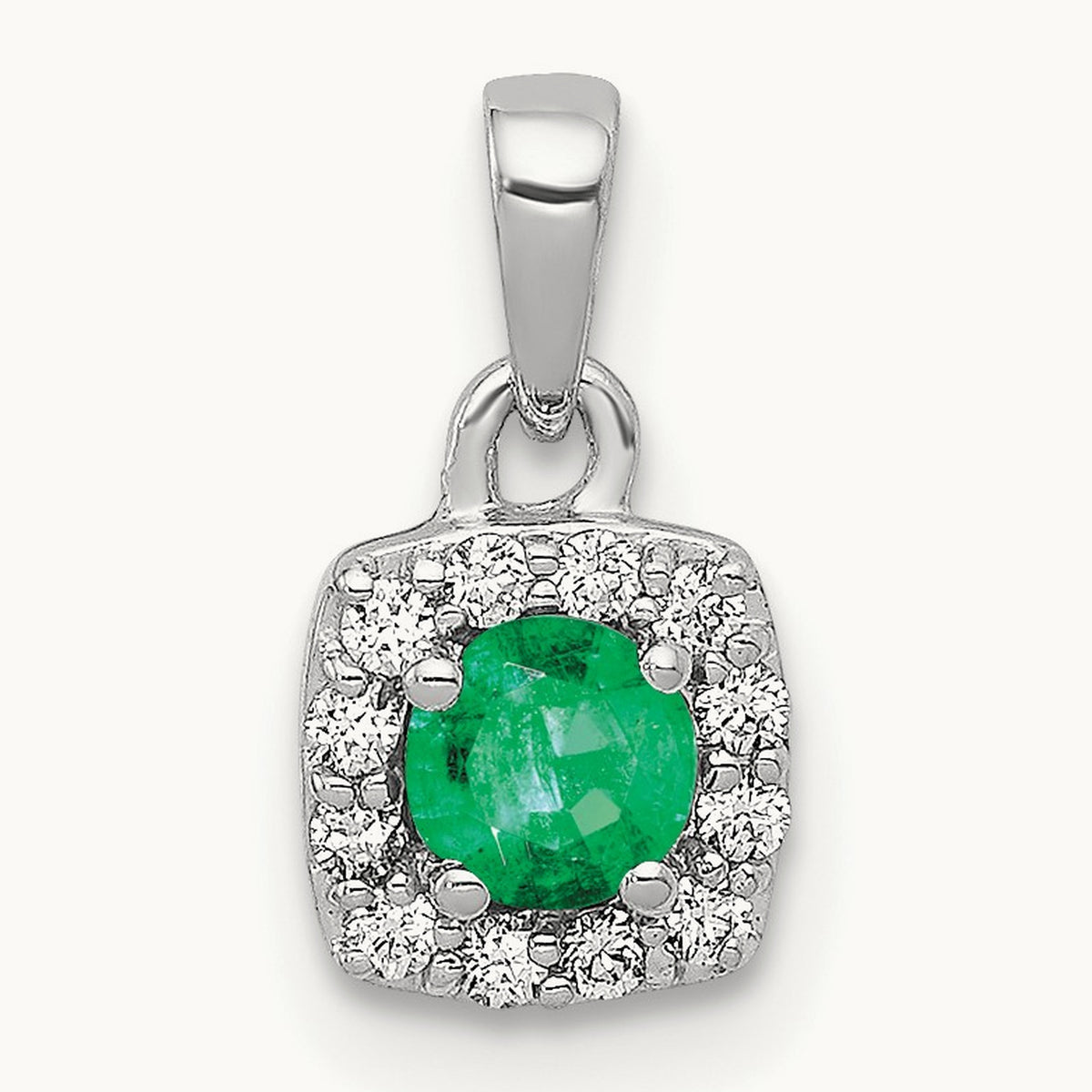 Diamond and .20 Emerald Square Halo Pendant, 14K White Gold