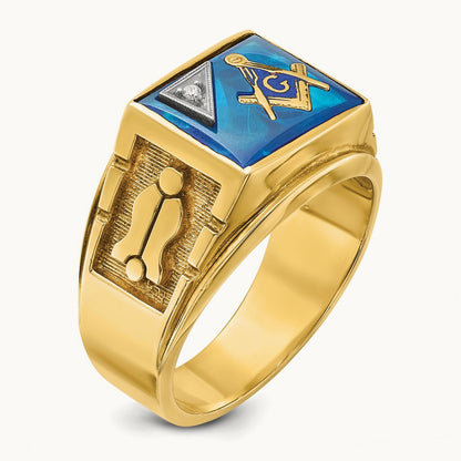 14ktt IBGoodman Men's Lab Cr. Sapphire & Dia Blue Lodge Masonic Ring