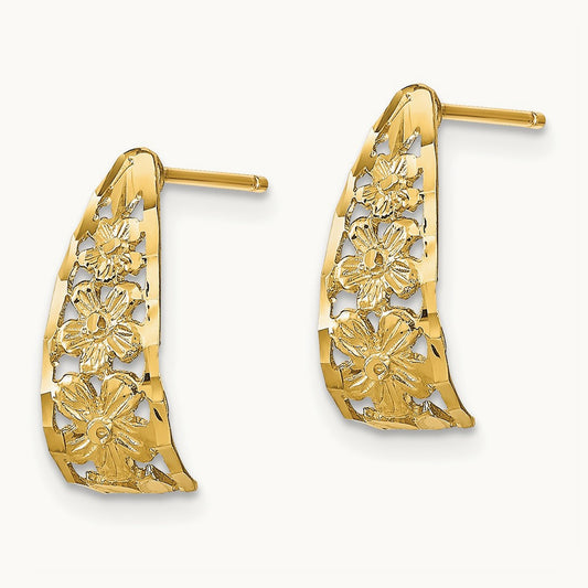 D/C Flower J-Hoop Post Earrings, 14K