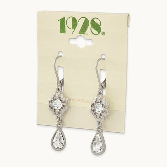 1928 Silver-tone Flower Frame Clear Crystal Dangle Leverback Earrings