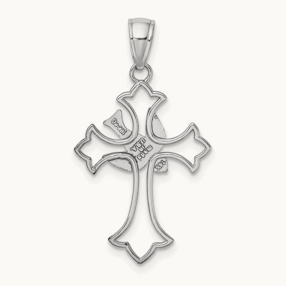 Polished Cross w/ Dove Charm, 14K White Gold