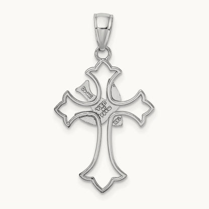 Polished Cross w/ Dove Charm, 14K White Gold