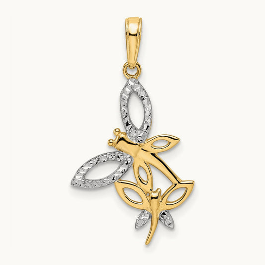 Diamond-cut Dragonflies Pendant, 14K with White Rhodium