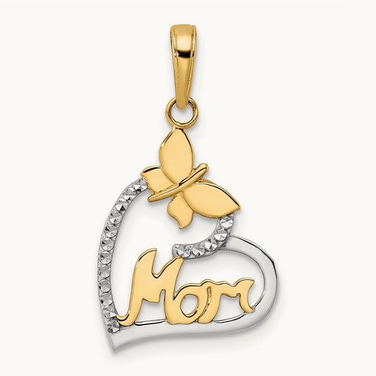 w/White Rhodium Diamond-cut Butterfly Mom in Heart Pendant, 14K