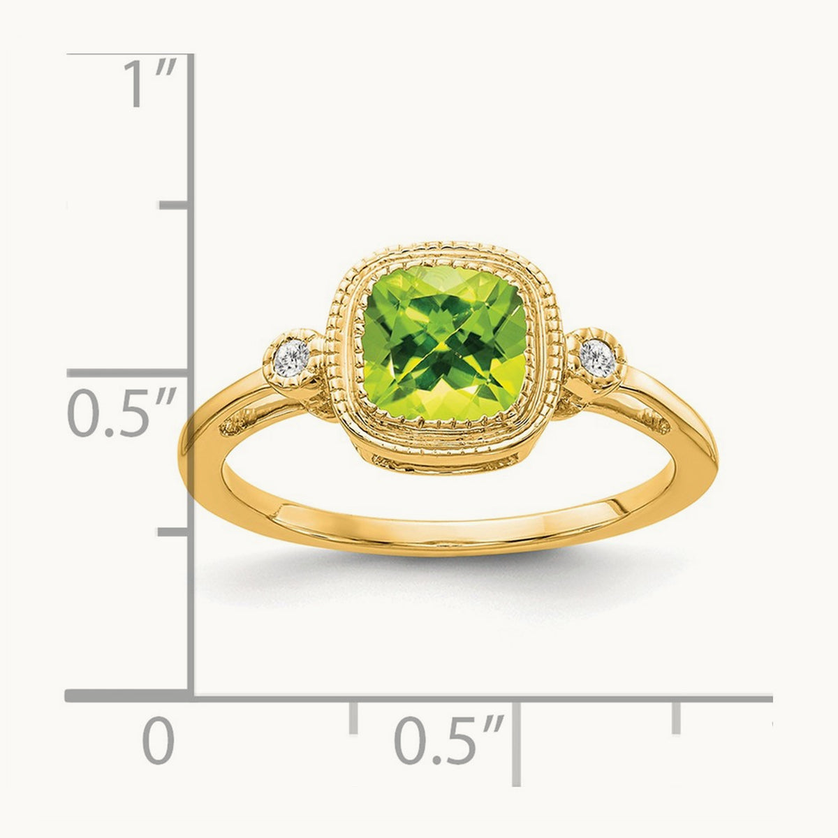 Cushion Peridot and Diamond Ring — 14K Yellow Gold, 7