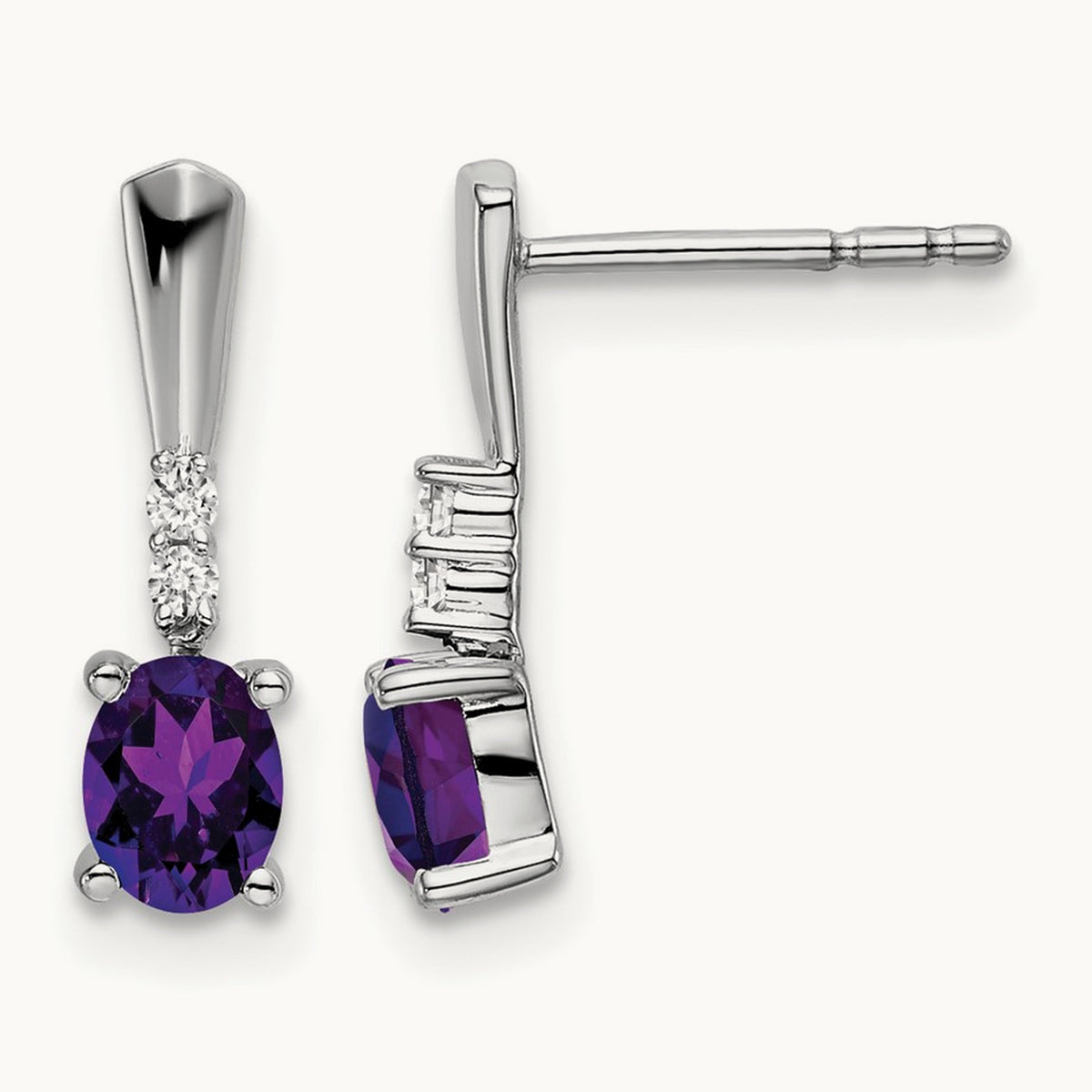 Oval Amethyst and Diamond Dangle Earrings — 14K White Gold