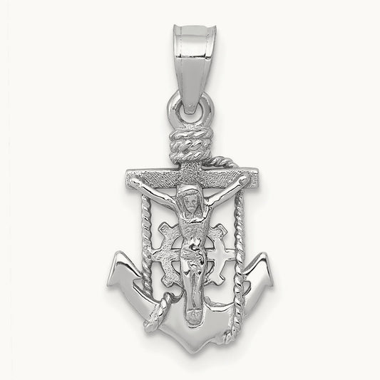 Polished Mariner Crucifix Pendant, 14K White Gold