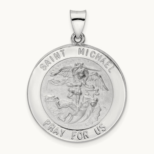 Polished and Satin Hollow St Michael Medal Pendant, 14K White Gold