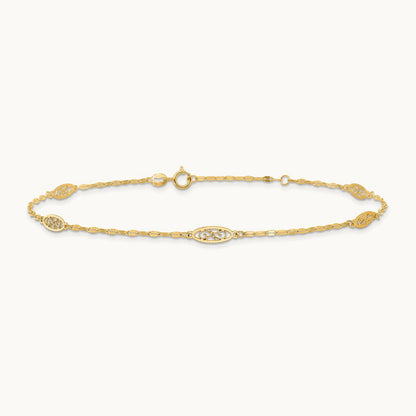 Polished Fancy Filigree Link 9in Plus 1 in ext. Anklet, 14K