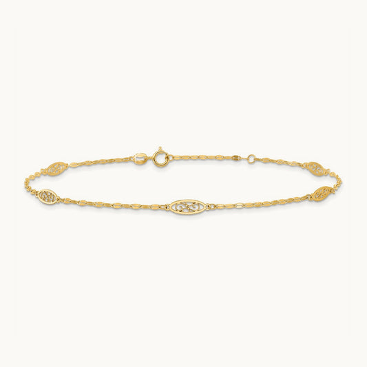 Polished Fancy Filigree Link 9in Plus 1 in ext. Anklet, 14K