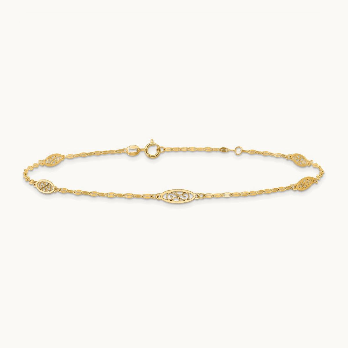 Polished Fancy Filigree Link 9in Plus 1 in ext. Anklet, 14K