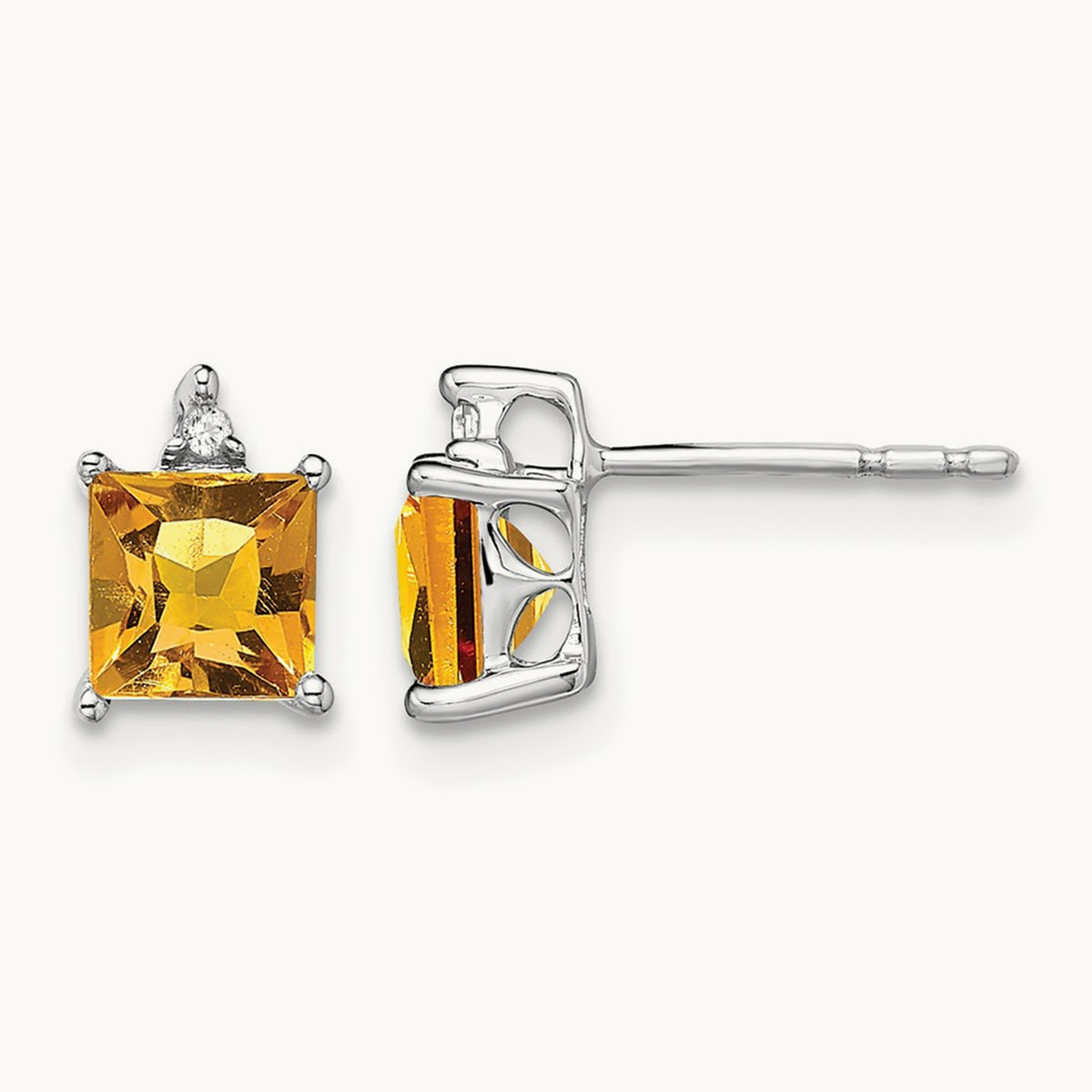 Princess Citrine and Diamond Earrings, 14K White Gold