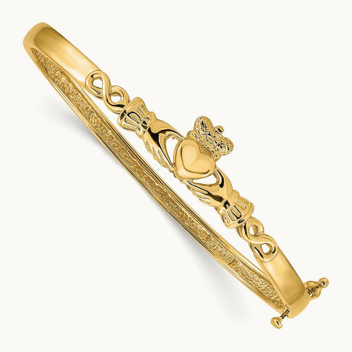 Diamond-cut Claddagh Hinged Bangle Bracelet, 4mm, 14K