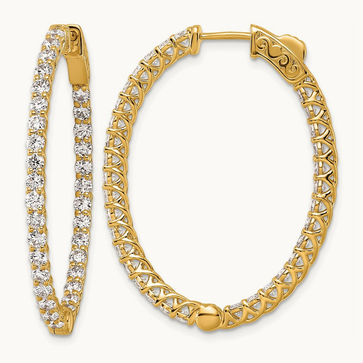 Diamond Oval Hoop w/Safety Clasp Earrings, 14K