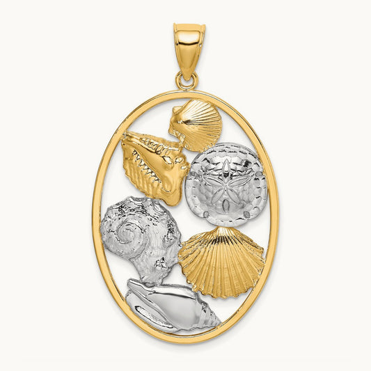 Shell Cluster In Oval Frame Charm, 14K with White Rhodium