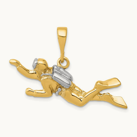 w/Rhodium Polished Open-Backed Scuba Diver Pendant, 14K