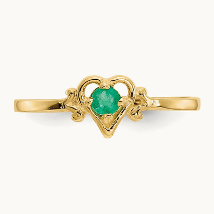 Emerald Birthstone Heart Ring — 14K Yellow Gold, 7