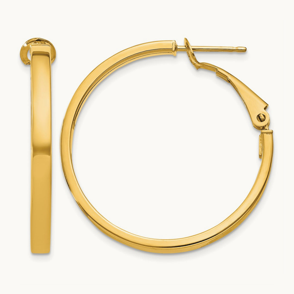 Polished Square Tube Round Hoop Earrings — 14K Yellow Gold, 3x30mm