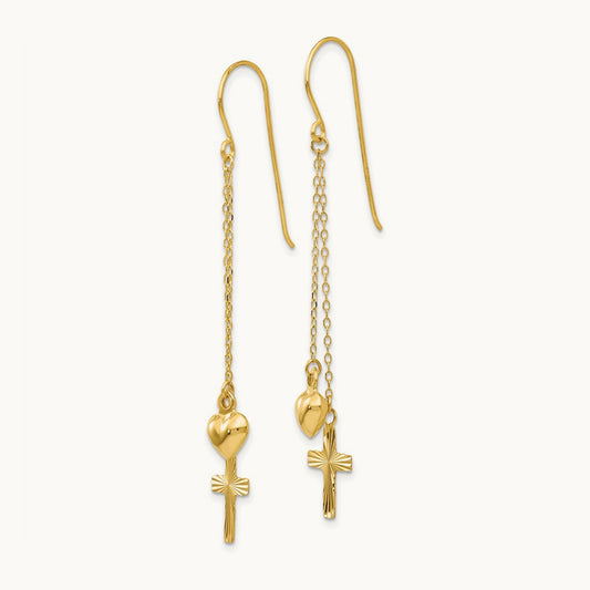 Ropa Chain Puffed Heart and Diamond Cut Cross Dangle Earrings, 14K