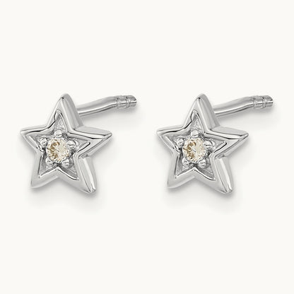Diamond Star Post Earrings — 14K White Gold, 6mm