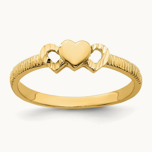Solid Heart with Diamond-cut Hearts Ring, 14K