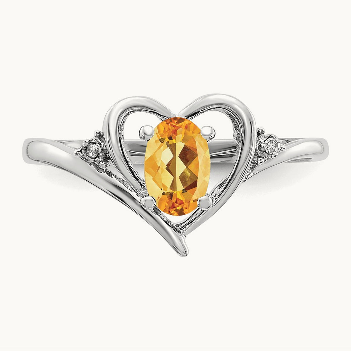Citrine and Diamond Heart Ring — 14K White Gold, 7