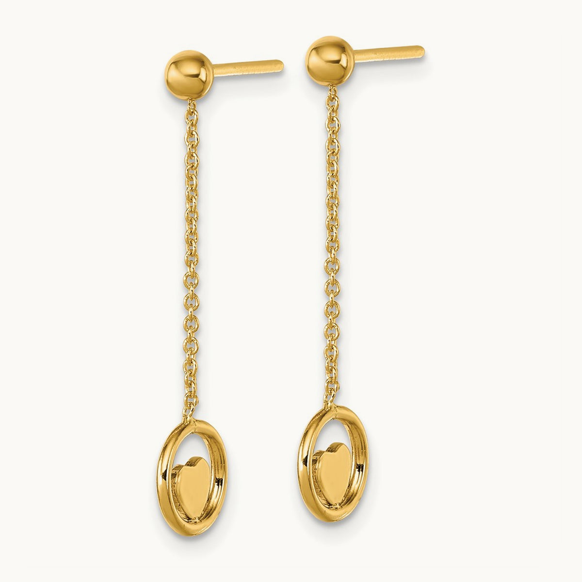 Polished Heart in Circle Dangle Post Earrings, 14K
