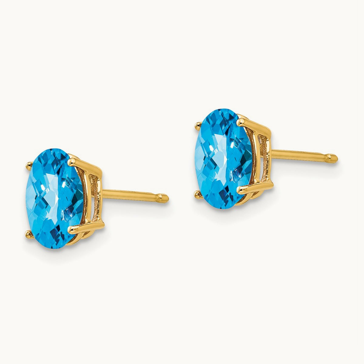 8x6mm Oval Blue Topaz Checker Earrings, 14K