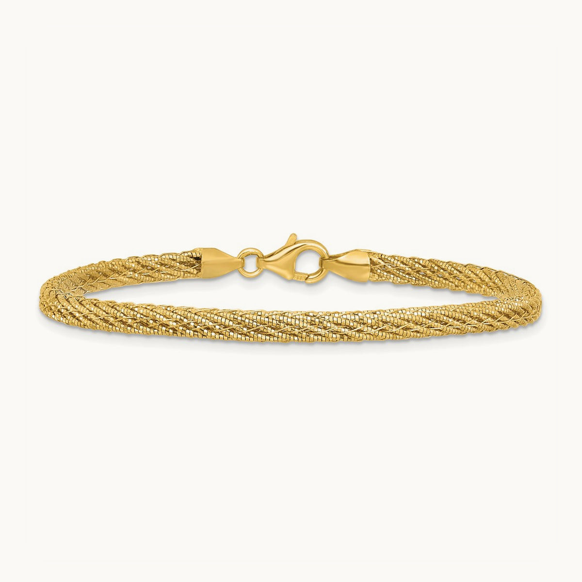 Polished and D/C Round Woven Wire 7.5in Bracelet, 14K