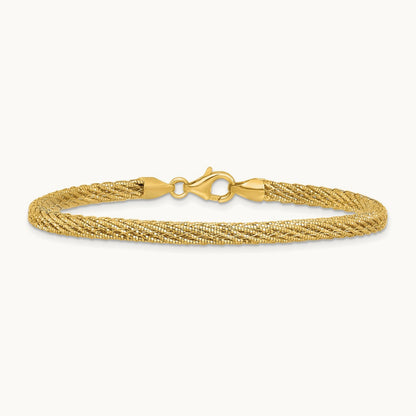 Polished and D/C Round Woven Wire 7.5in Bracelet, 14K