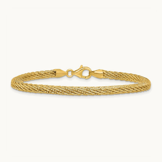 Polished and D/C Round Woven Wire 7.5in Bracelet, 14K