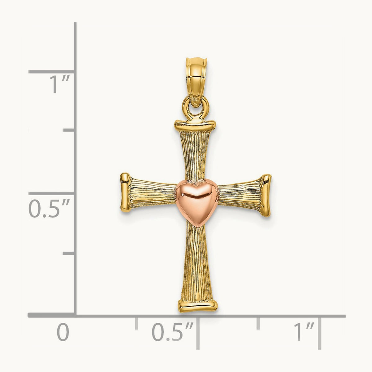 Textured Finish Cross w/ Heart Charm, 14K Two-tone
