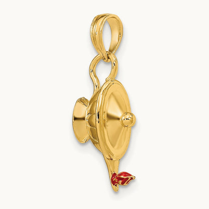 W/ Red Enamel Polished 3-D Genie Lamp Charm, 14K