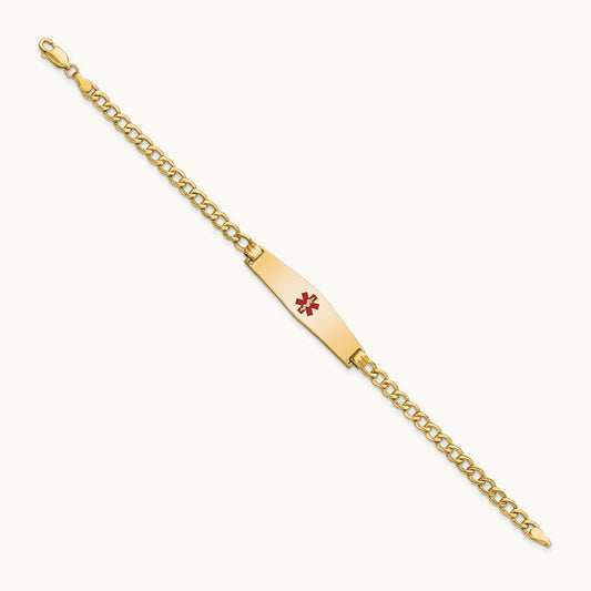 Semi-solid Medical Soft Diamond Shape Red Enamel Curb Link ID Bracelet, 14K