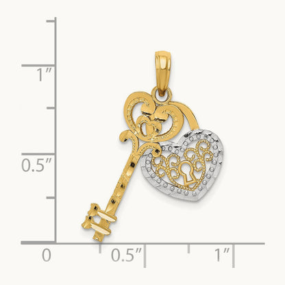 w/White Rhodium Moveable Filigree Heart Key and Lock Charm, 14K