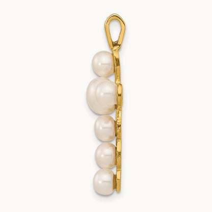 4- White Button Freshwater Cultured Pearl Cross Pendant, 6mm, 14K