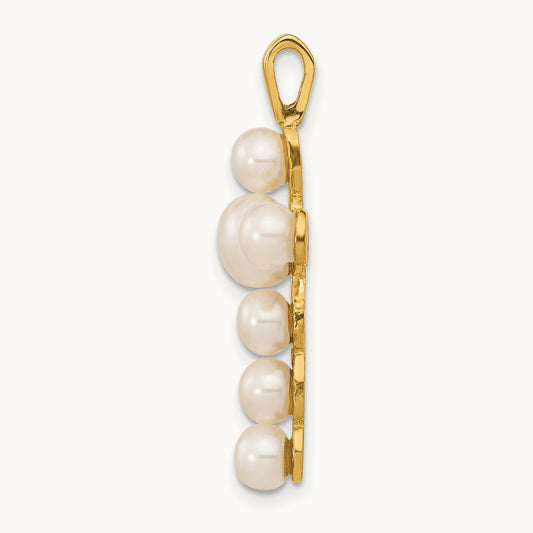 4- White Button Freshwater Cultured Pearl Cross Pendant, 6mm, 14K