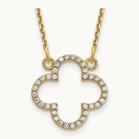 Small Necklace Diamond Quatrefoil Design, 14K Yellow Gold