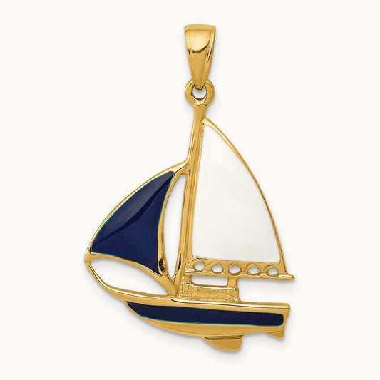 2-D Blue and White Enameled Sailboat Pendant, 14K