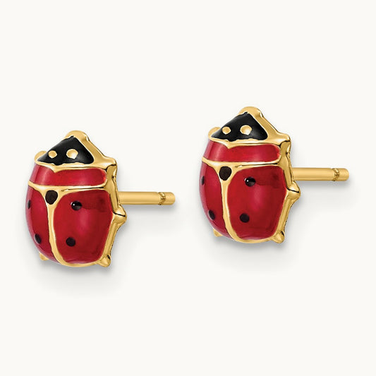 Polished Enameled Medium Ladybug Post Earrings, 14K