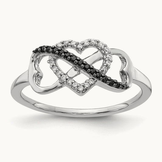 Black and White Diamond Infinity and Heart Ring, 14K White Gold